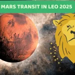 Fiery Mars symbol glowing against a bright Leo zodiac sign background, representing the energetic Mars transit in Leo during 2025.