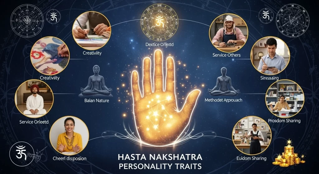 Illustration representing Hasta Nakshatra with an open hand symbol, highlighting its traits of intelligence, creativity, and emotional sensitivity under the influence of the Moon.