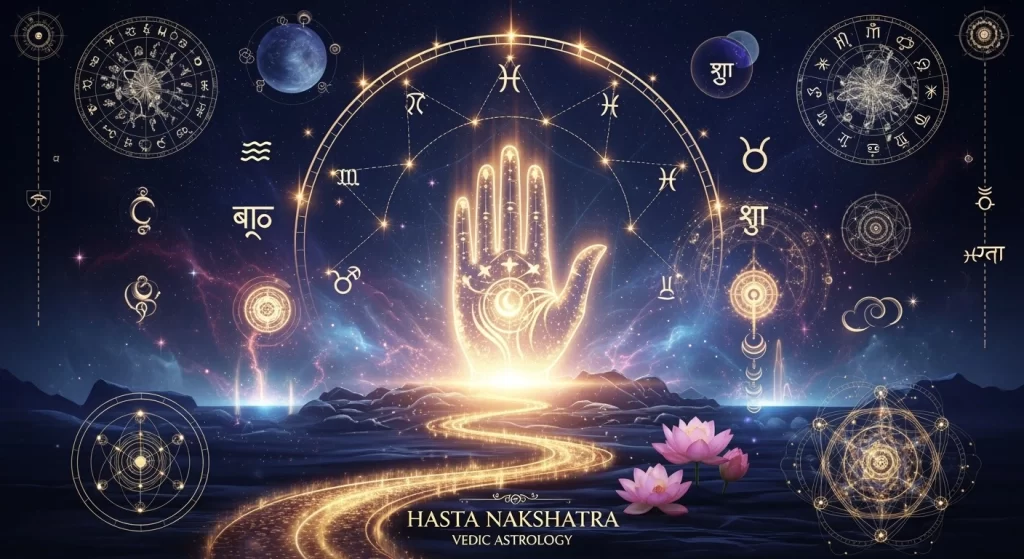 Illustration representing Hasta Nakshatra with an open hand symbol, highlighting its traits of intelligence, creativity, and emotional sensitivity under the influence of the Moon.