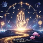 Illustration representing Hasta Nakshatra with an open hand symbol, highlighting its traits of intelligence, creativity, and emotional sensitivity under the influence of the Moon.