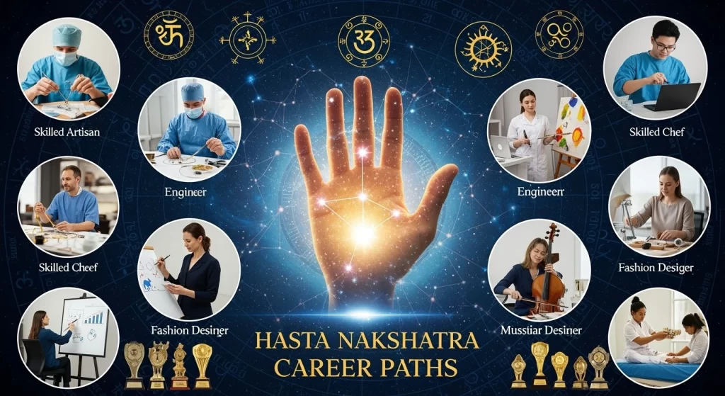 Illustration representing Hasta Nakshatra with an open hand symbol, highlighting its traits of intelligence, creativity, and emotional sensitivity under the influence of the Moon.